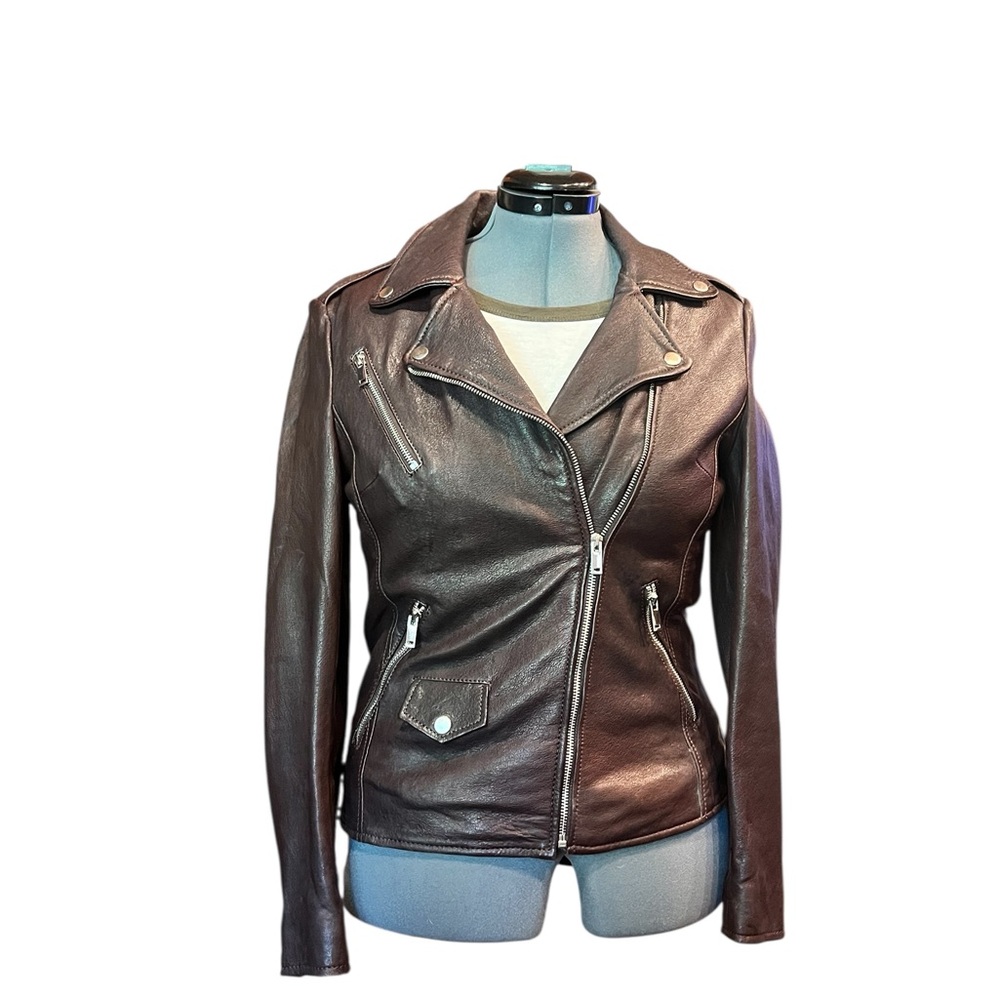 Black Rivet Brown Leather Biker Jacket Asymmetrical Zipper